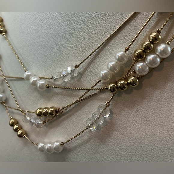 LOFT GOLDTONE FAUX PEARL MULTI THIN STRAND LAYERED NECKLACE NWT - Picture 2 of 3
